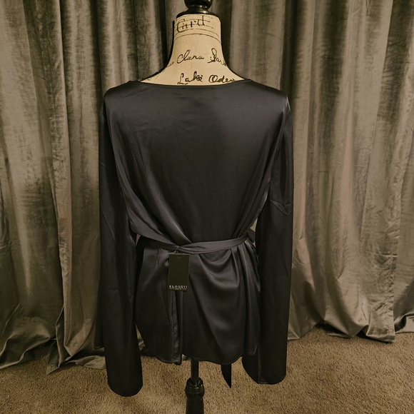NEW: Eloquii Charcoal Satin Top with Tie - Picture 2 of 6